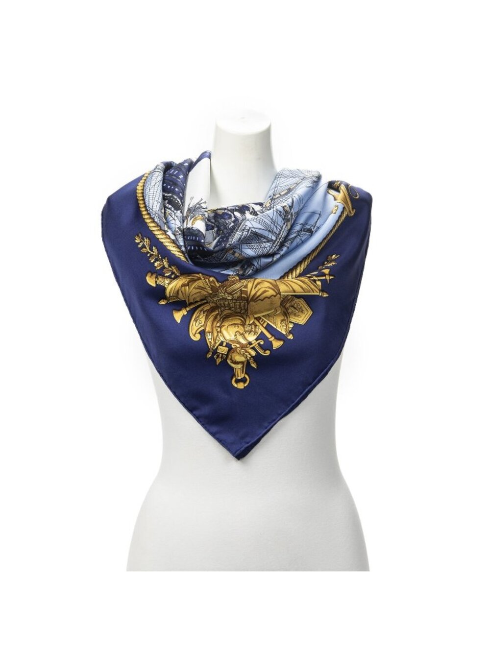 Hermes Scarf Navy Light Blue Gold Silk